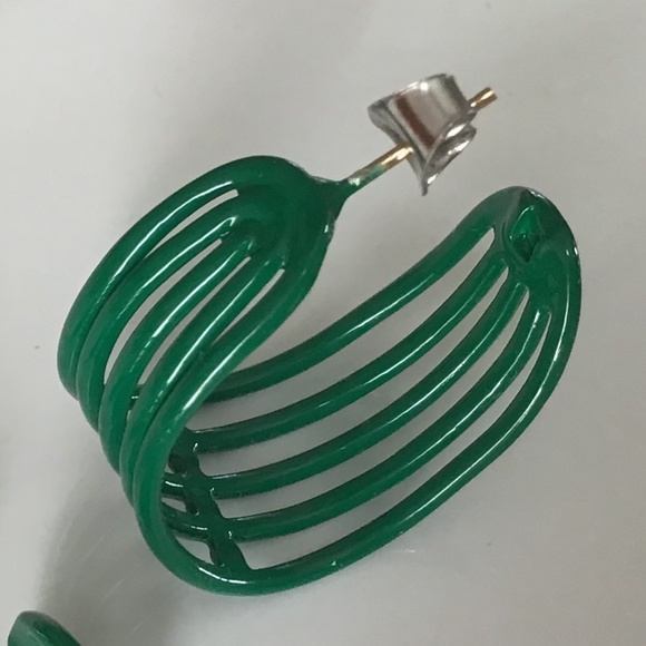 Vintage 1980s Hoop Earrings Pierced Green Retro Disco - Picture 6 of 16